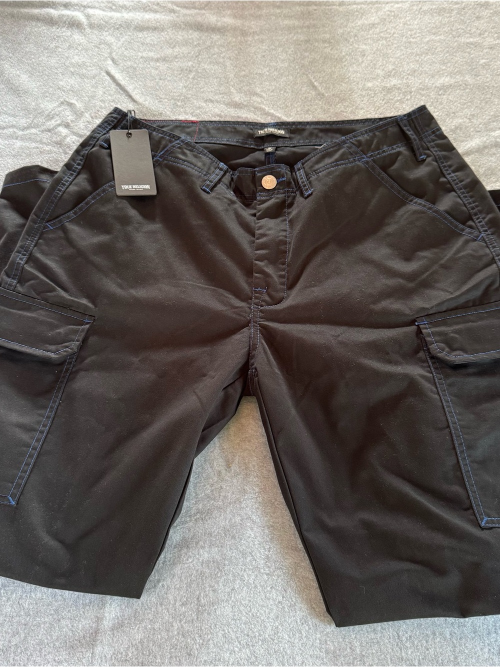 True Religion Black Cargo Pants with Blue Contrast Stitching